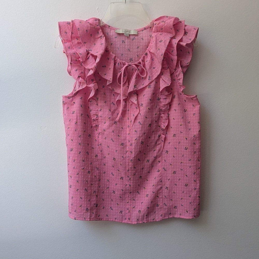 LOFT Blouse Pink Floral Ruffle Tie Neck Seersucker Sz S Cottagecore Feminine